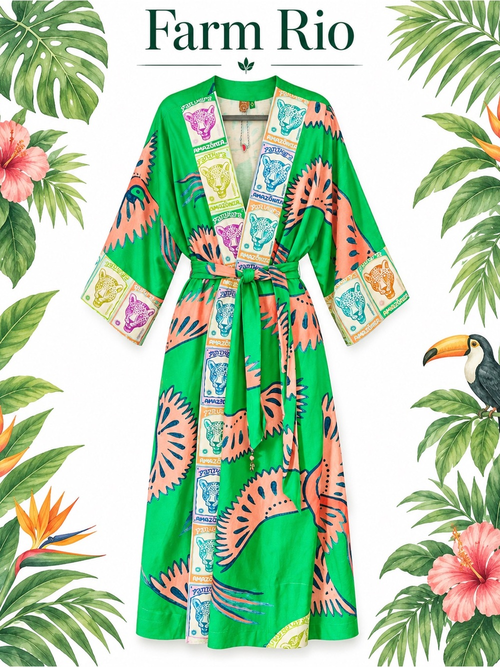 FARM RIO SZ M KIMONO OR A DRESS GREEN AMAZON NEW